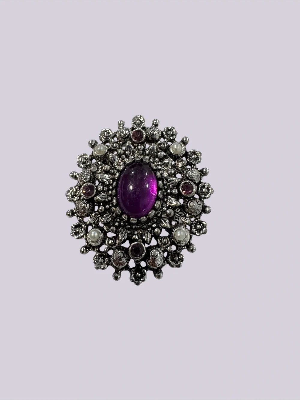VTG 1972 Sarah Coventry Catherine Brooch Pin | Purple Oval Cabochon Faux